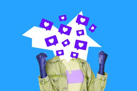 Woman with burst of social media likes replacing head, collage