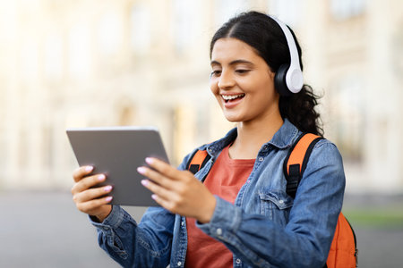 Happy pretty young woman student talking via digital tablet outdoorの写真素材