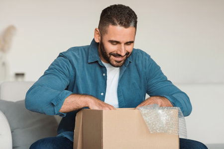 Middle aged man opening delivered purchase, unpacking carton box indoorの写真素材