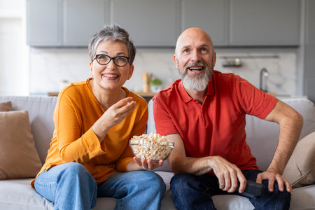 Happy Married Senior Couple Watching Tv And Eating Popcorn At Homeの写真素材