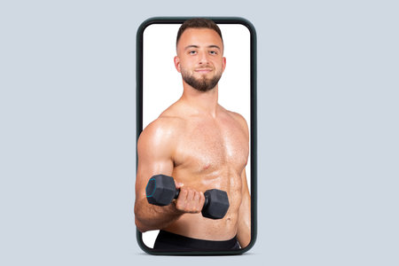 Glad sweat strong muscular millennial caucasian man with naked torso, make exercises with dumbbells