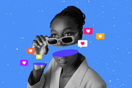 african woman with cut head and likes messages, conceptual collage