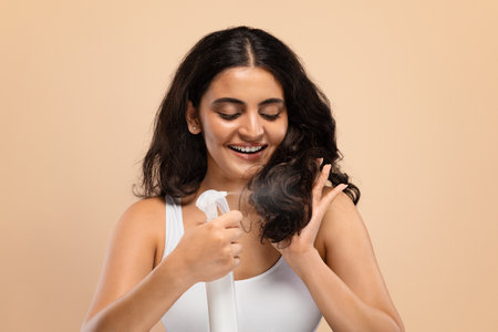 Beautiful Young Indian Woman Applying Moisturising Hair Spray On Endsの写真素材