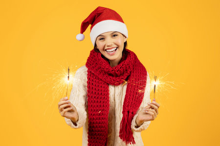 Young woman in Santa hat holds lit sparklers, yellow background