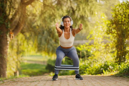 Young athletic lady doing squats with resistance band outdoorsの写真素材