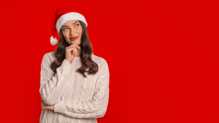 lady in Xmas Santa hat dreaming of holiday, red backgroundの写真素材
