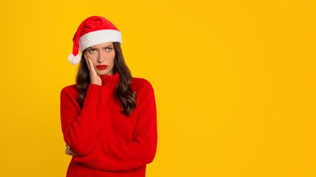 woman with Santa hat poses with displeased expression, yellow backdropの写真素材