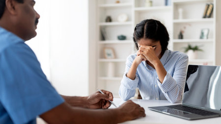 Upset Indian Female Patient Crying During Meeting With Doctor In Clinicの写真素材