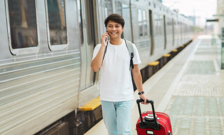 Asian Tourist Man Talking On Phone Walking By Train Station