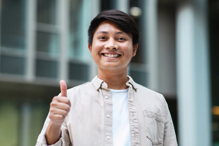 Portrait of positive young asian guy entrepreneur showing thumb upの写真素材