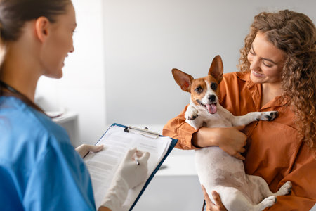 Vet with chart, woman holds happy dogの写真素材