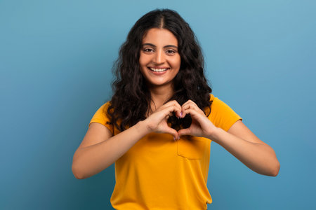 Cute young indian woman showing heart gestureの写真素材