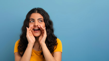 Excited young indian woman making announcement, copy space
