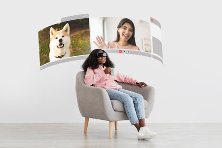 black lady in VR glasses browses and video calling indoor