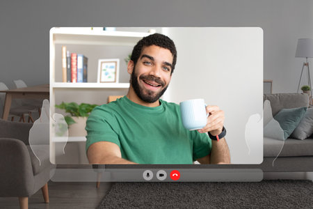 Pov screen of man having video call holding coffee indoors