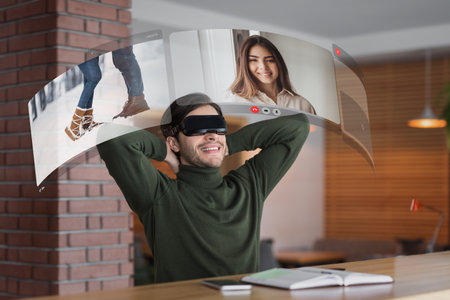 Young busy man explores virtual frontier for transcendent video chats, where geographical barriers...