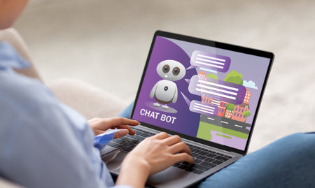 Unrecognizable relaxed lady using chat bot on laptop