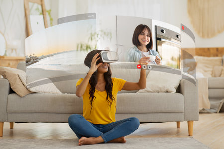Immersed in virtual reality, young african american woman engages in captivating video conversation...