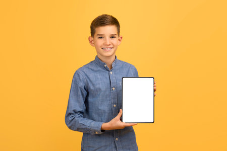 Smiling Teen Boy Holding Digital Tablet With Blank White Screenの写真素材