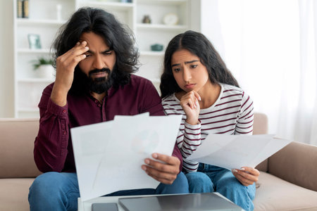 Upset millennial indian spouses checking bills, reading documentsの写真素材