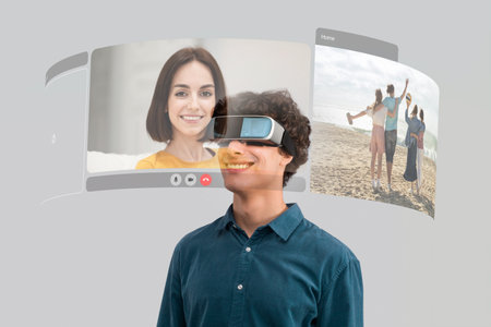 Guy In Headset Communicating With Friends Via Virtual Reality Indoor