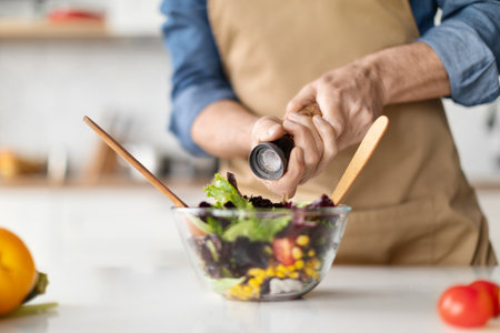 Focused elderly chef preparing nutritious vegetable salad, adding spices for flavorの写真素材