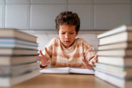Puzzled black boy making homework surrounded by towering piles of booksの写真素材