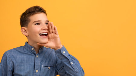 Excited teen boy with hand near mouth shouting at copy spaceの写真素材