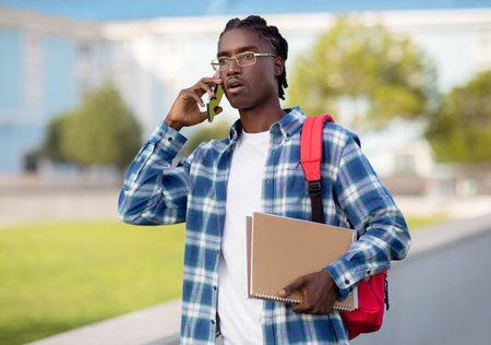 Shocked unhappy african american student guy talking on phone outdoorsの写真素材