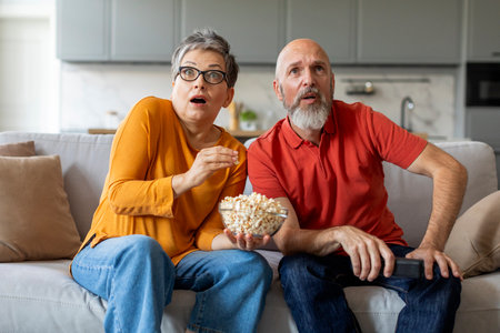 Shocked elderly couple sitting on couch with bowl of popcorn, watching tvの写真素材