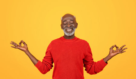 Blissful senior Black man with a white beard, eyes closed and hands in a yoga mudraの写真素材