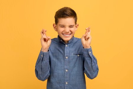 Cute Teen Boy Making Wish With Crossed Fingers And Closed Eyesの写真素材