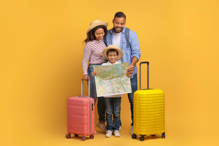 Happy Black Family With Little Son Looking At Map, Planning Travelの写真素材