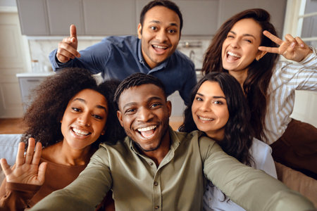 Group of diverse fellow students making selfie posing together indoorの写真素材