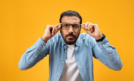 Focused man in a blue shirt adjusting his glasses, looking seriously at the camera