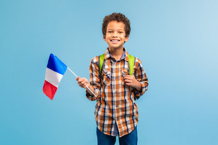 Cheerful child with French flag, plaid shirt, blue backgroundの写真素材