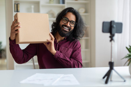 Happy Indian man presenting cardboard box to smartphone camera, recording unboxing videoの写真素材