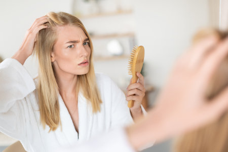 Young blonde woman with concern examines hair for dandruff indoorの写真素材