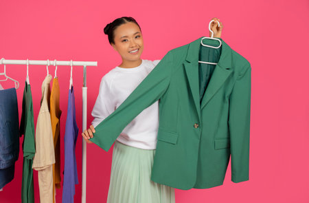 Cheerful asian woman demonstrating new clothes while standing beside fashion rack