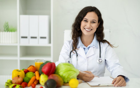 Portrait of positive lady dietitian looking at camera and smilingの写真素材