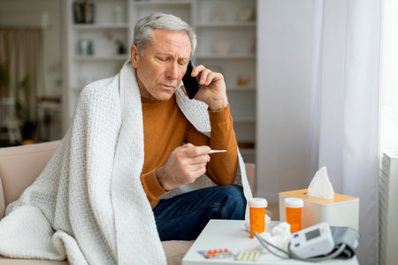 Sick elderly man have phone conversation with doctorの写真素材