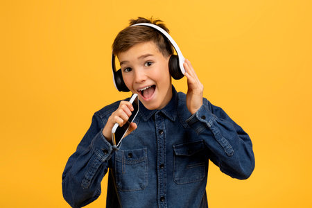 Positive male kid wearing wireless headphones singing while listening music on smartphoneの写真素材