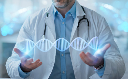 Unrecognizable mature man doctor geneticist working with DNA chain