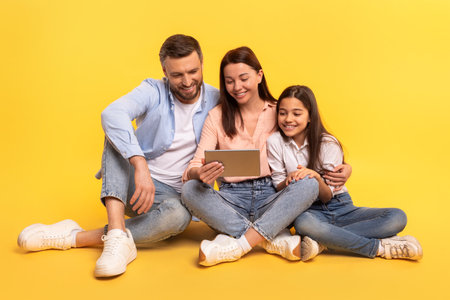 Family of three with tablet websurfing sitting on studio floor