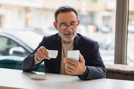 Senior man in a business suit enjoys a cup of espresso while browsing his smartphone