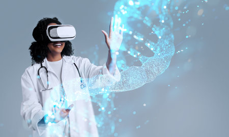 African american curly woman in vr glasses touches DNA chain