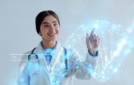 Smiling indian woman geneticist and modern technology in healthcareの写真素材