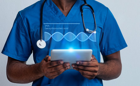 Cropped of black doc with digital tablet checking DNA chain