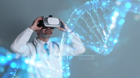 Excited mature doctor in VR glasses looking at DNA chain