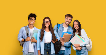 Four happy students with colorful notebooks and stylish backpacks posing with bright smiles on a...